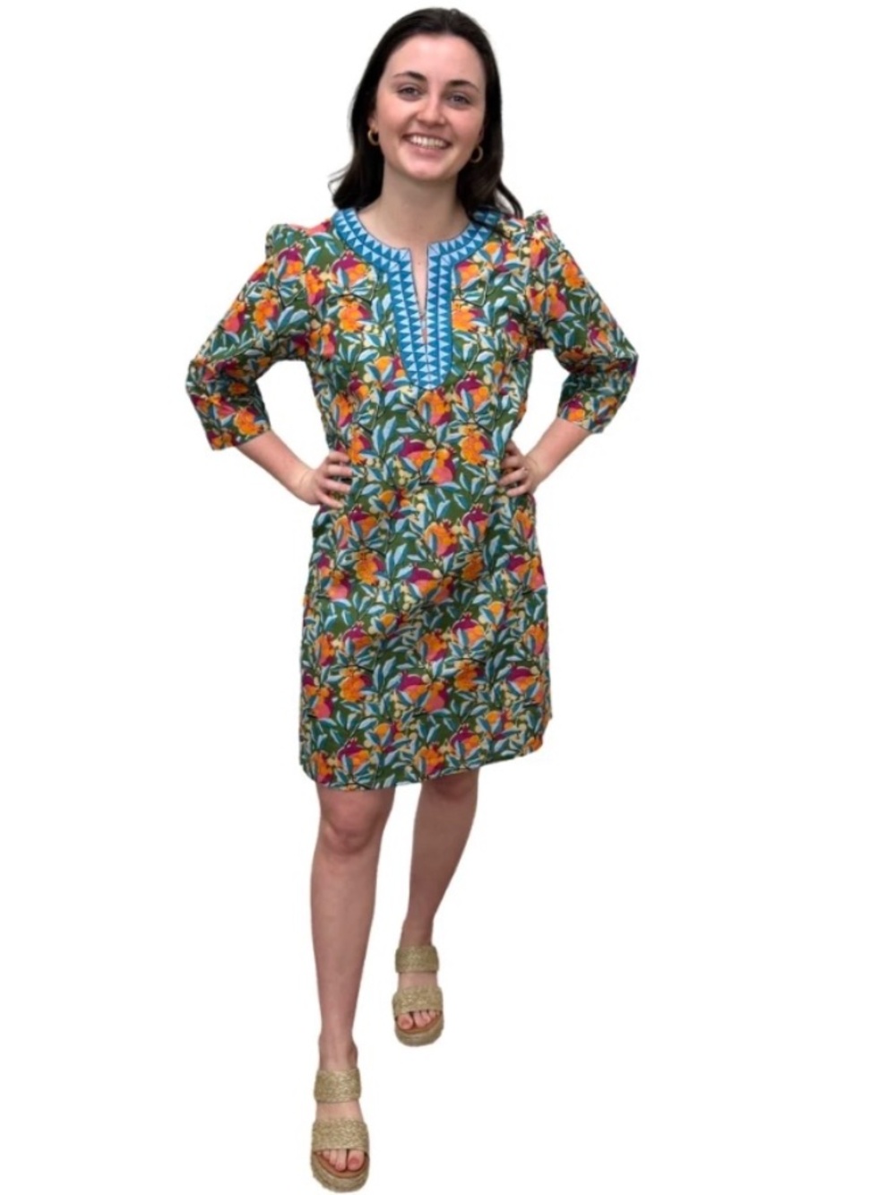 LIZA BYRD Merrill Floral Print Embroidered Trim Tunic Dress, NWT